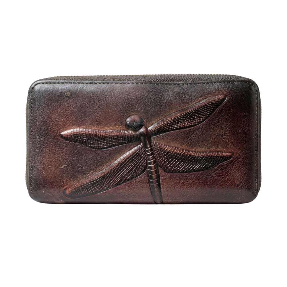Vintage Tooled Embossed Leather Dragonfly Zip Around Wallet Brown Continental